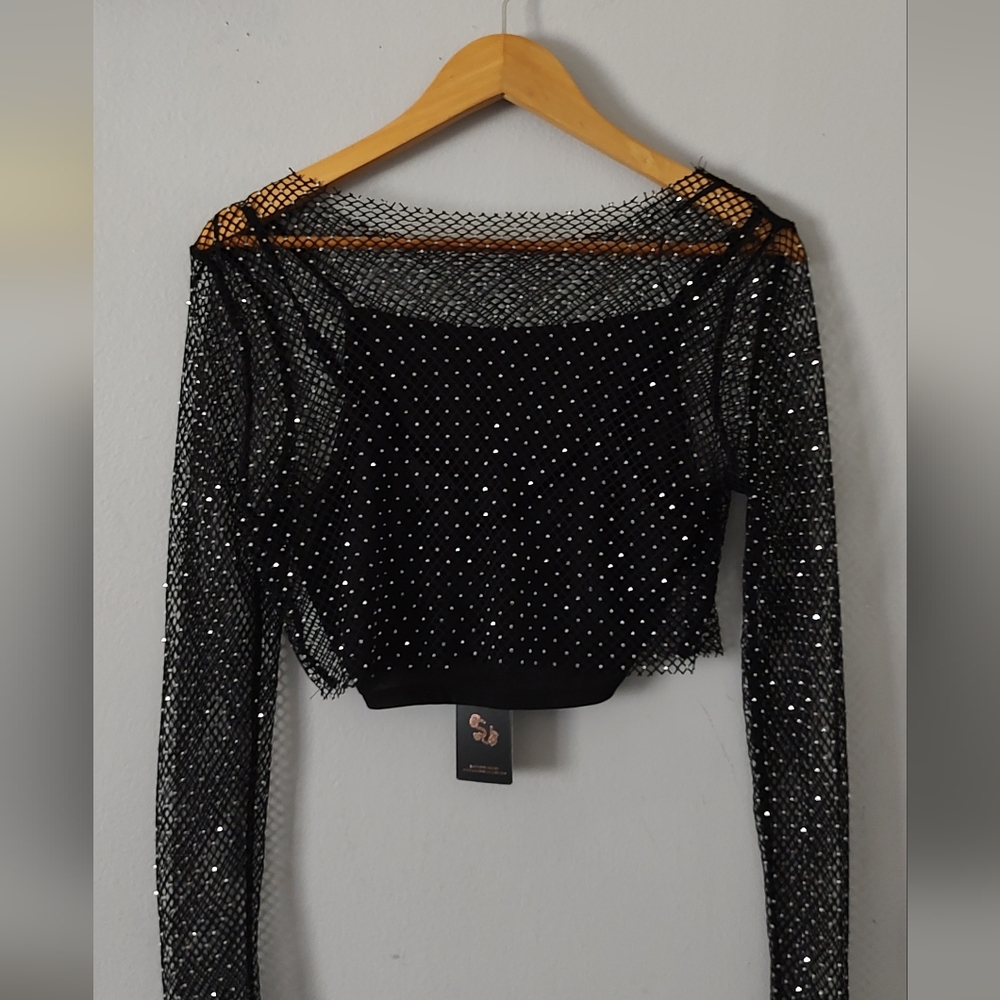 Sincerely Jules Crop top Mesh  Black Shiny Style Sexy  2 Piece New    Medium - Picture 10 of 10